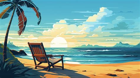 Premium Vector | A painting of a beach scene with a bench and the sun ...