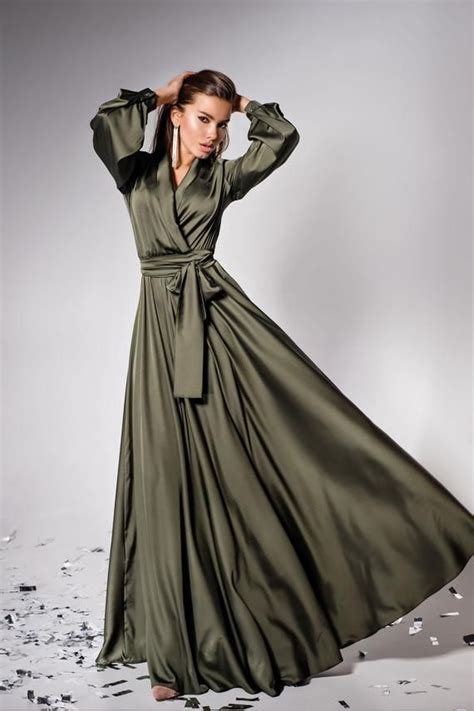 Dark Olive Satin Silk Flared Dress Bridesmaid Dress Maxi Etsy Long