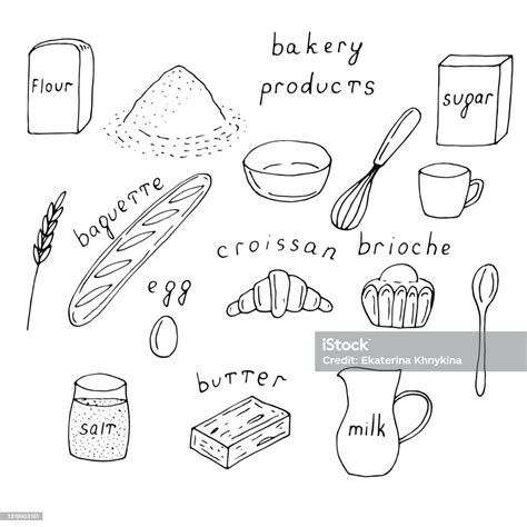 프랑스 베이커리 제품 세트 바게트 크루아상 브리오슈 및 제품 준비 벡터 일러스트레이션 핸드 드로잉 염분에 대한 스톡 벡터 아트