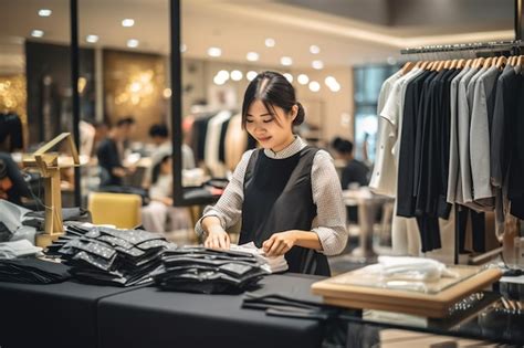 Premium Photo Attractive Asian Female Shop Assistant At Work In Clothing Store