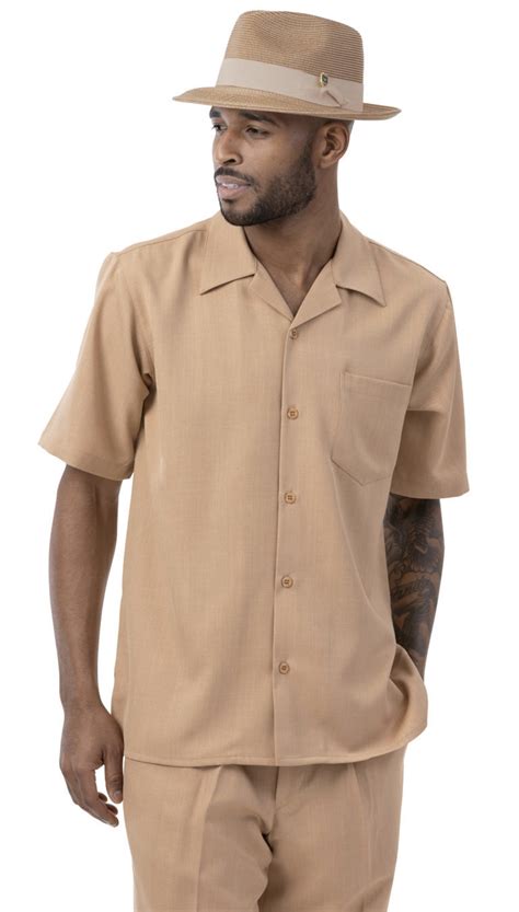 Montique 696 Mens Walking Suits Tan Solid Short Sleeve Mens Leisure