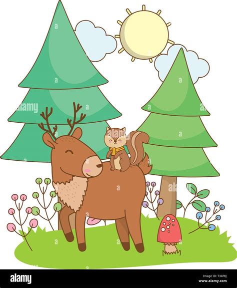 cute little animals at nature outdoor park cartoon vector illustration graphic design Stock ...