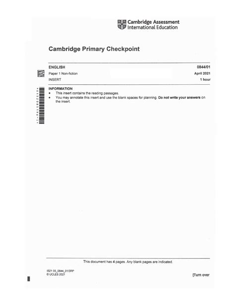 Cambridge Primary Checkpoint English April Paper Insert