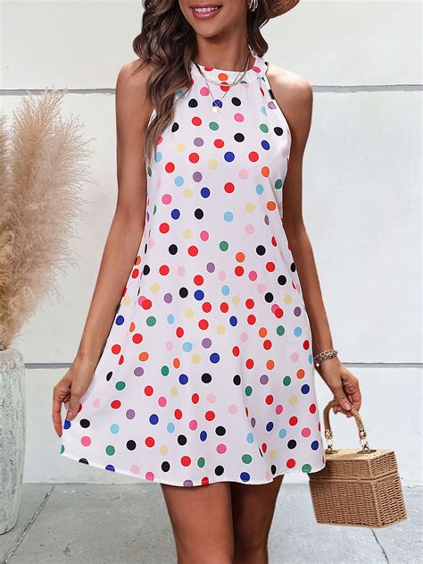 SHEIN VCAY Polka Dot Print Tie Back Halter Neck Dress SHEIN USA