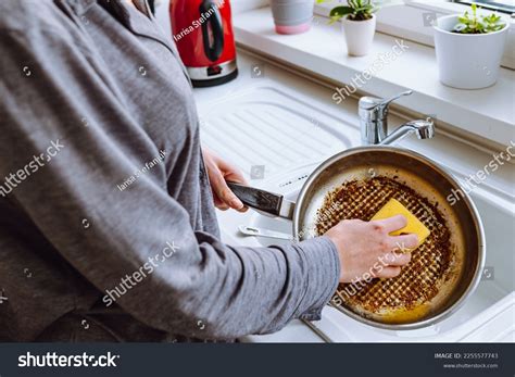 Womans Hand Washes Burnt Greasy Frying Stock Photo 2255577743