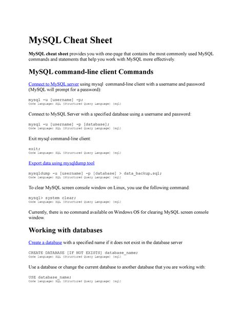 My Sql Cheat Sheet Fffggggg Mysql Cheat Sheet Mysql Cheat Sheet Provides You With One Page