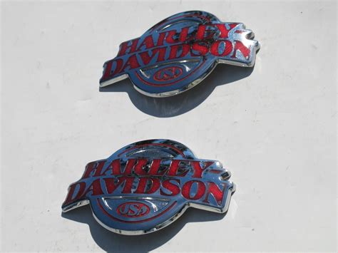 Genuine Harley Davidson Gas Tank Emblems Badges Chrome W Red Medallions Nice Ebay