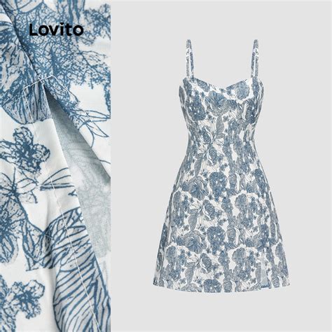 Hot Lovito Boho Ditsy Floral Split Dress For Women L Ed Blue Lovito Gaun Belahan Bunga