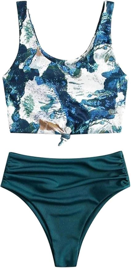 Beudylihy Damen Bikini Set Sexy V Ausschnitt Druck Badeanzug TopHigh Waist Hose Bauchweg Bikinis
