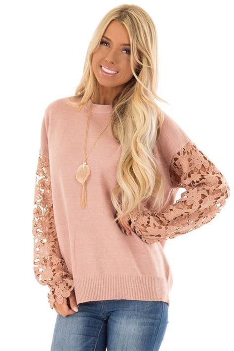 Dusty Pink Sweater With Sheer Floral Lace Sleeves Front Close Up