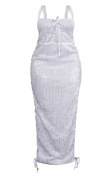 Shape Silver Sequin Lace Up Maxi Dress Shape Prettylittlething Usa