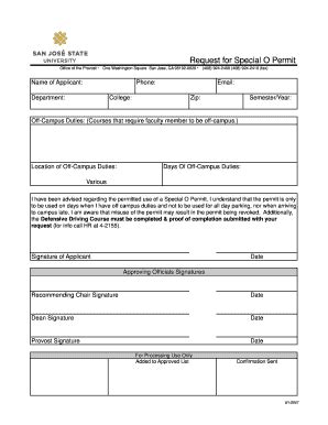 Fillable Online Sjsu Special O Permits Form Revised Xls Sjsu Fax