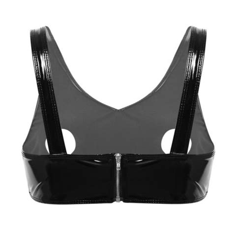 Womens Wet Look Patent Leather Lingerie Open Nipple Hole Design Bra Top Crop Top EBay UK
