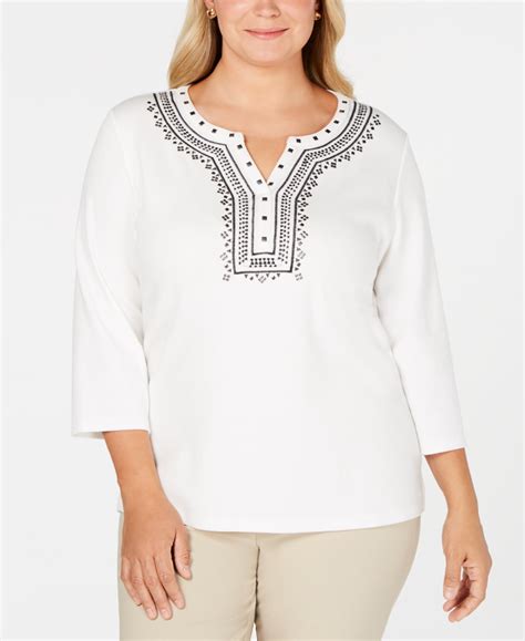 Karen Scott Womens Top White Plus Embroidered 34 Sleeve 39 2x