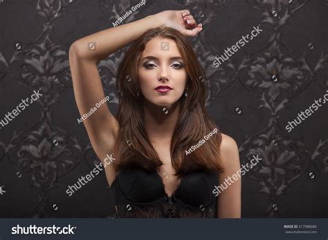 Studio Portrait Smiling Beauty Posing Lingerie Stock Photo