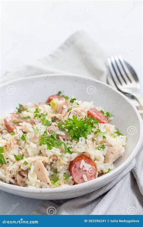 Homemade South Carolina Chicken Bog Dish With Smocked Sausages In Bowl