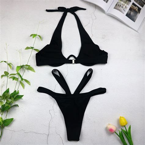 Sexy High Cut Thong Bikini High Waisted Swimsuit Halter Push Up Bikini Brazilian Biquini