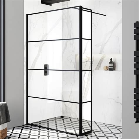 Munich Matt Black Grid Wet Room 8mm Shower Glass And Panel