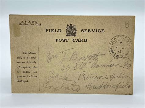 Ww British Field Service Postcard Nd July By T Barrett In Ephemera