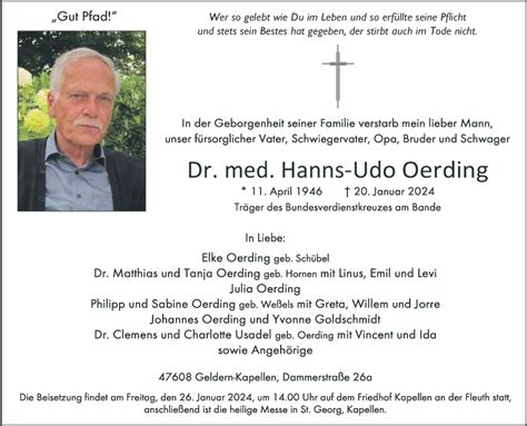 Traueranzeigen Von Hanns Udo Oerding Niederrhein Nachrichten Trauerportal