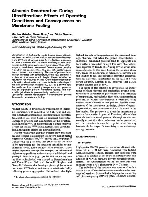 (PDF) Albumin Denaturation During Ultrafiltration: Effects of Operating Conditions and ...