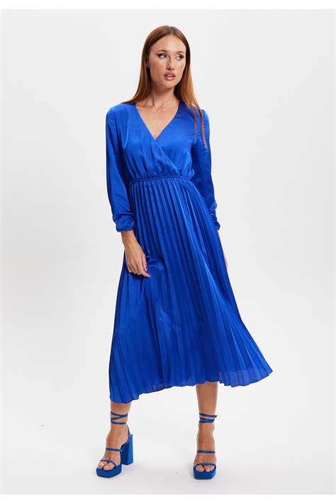 Royal Blue Midi Dress With Pleat Details Goddiva