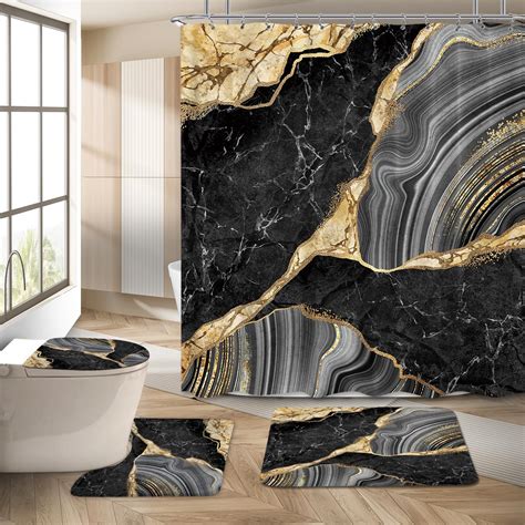 Amazon Miyotaa 4PC Black Gold Marble Shower Curtain Set 60Wx71H