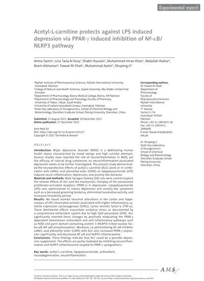 Acetyl L carnitine protects against LPS induced depression via PPAR γ