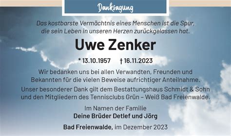 Traueranzeigen Von Uwe Zenker M Rkische Onlinezeitung Trauerportal