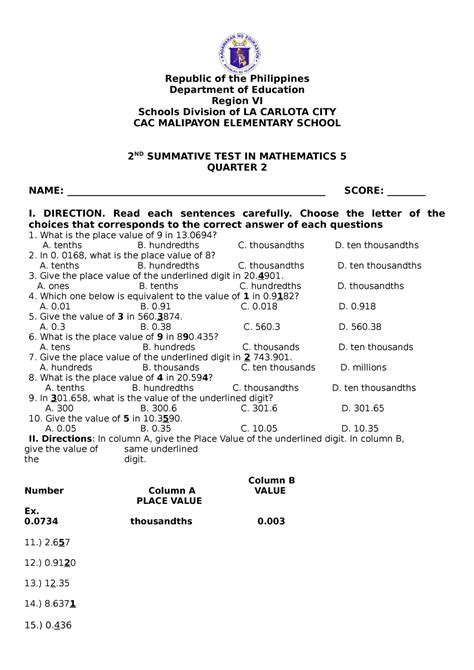 2nd Summative Test In Math 5 2nd Quarter Republic Of The Philippines Department Of Education