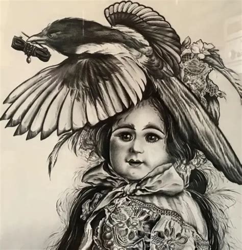 Large Original Pencil Drawing By Susan Wells Victorian Doll Birds