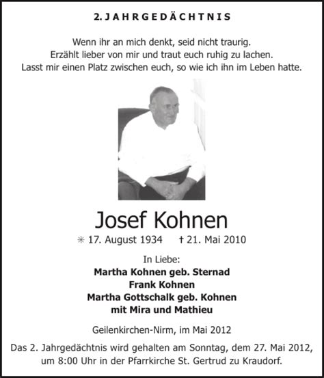 Traueranzeigen Von Josef Kohnen Aachen Gedenkt