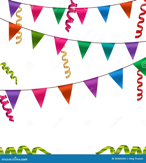 Colorful Buntings Flags Garlands And Serpentine Stock Illustration