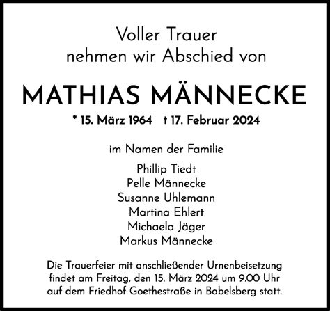 Traueranzeigen von Mathias Männecke trauer anzeigen de