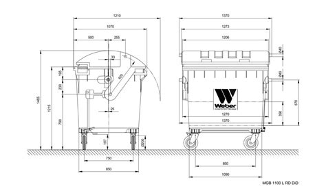 Sizes, dimensions and measures of the mobile waste containers 1100 l rl ...