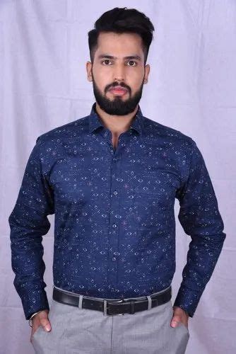 Cotton Collar Neck Men Blue Printed Shirt Machine Wash And Hand Wash