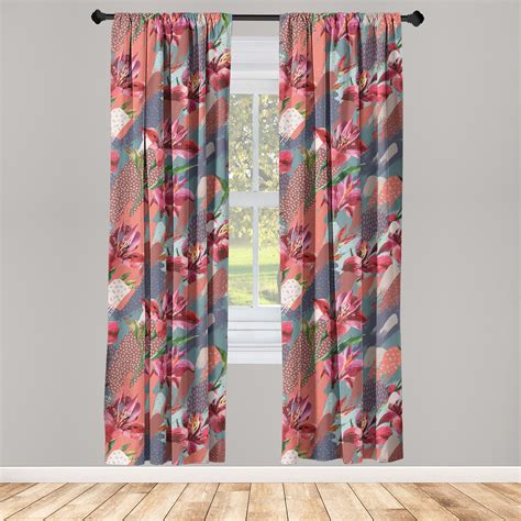 Alstroemeria Window Curtains Abstract Boho Contemporary Art Design Flowers With Leaves And Dots