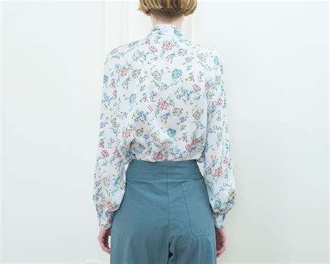 S White Floral Print Pussy Bow Blouse Xl Abstract Printed Bow Tie Puff Sleeve Oversized Blouse