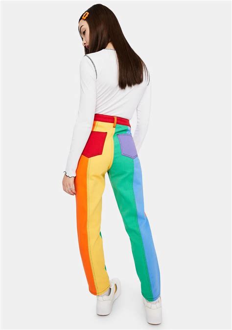 Delias High Waist Stripe Colorblock Twill Mom Jeans Rainbow Dolls Kill