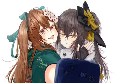 Safebooru 2girls Absurdres Arm Up Bangs Black Gloves Blush Bow Brown