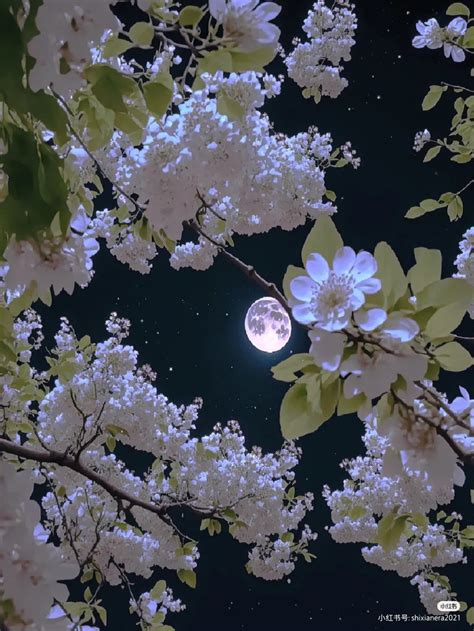 The Full Moon Shines Brightly In The Night Sky Above Blooming Tree