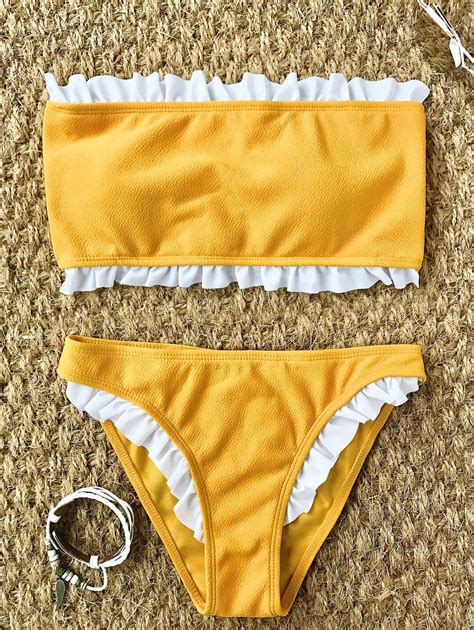 [26 Off] 2020 Frilled Textured Lace Up Bikini Set In Yellow Zaful