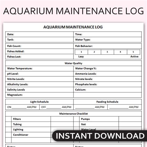 Printable Aquarium Maintenance Log, Fish Tank Care Tracker, - Inspire ...