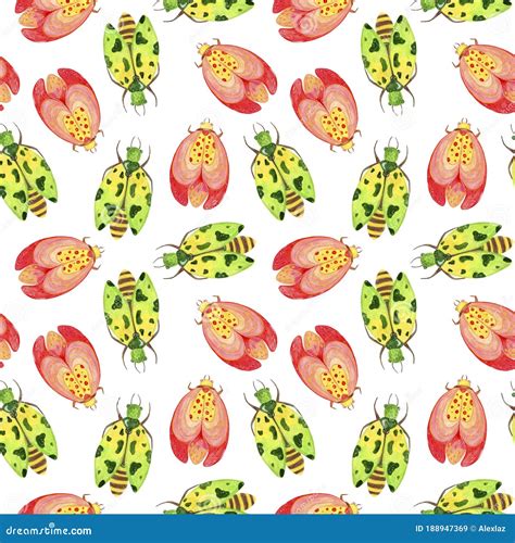 Seamless Pattern Abstract Spring Pink And Green Beetles With Spots