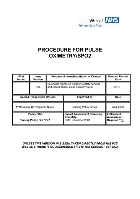 PROCEDURE FOR PULSE OXIMETRY/SPO2