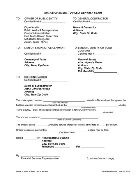 Tx Notice Of Intent To File A Lien Or Claim Fill And Sign