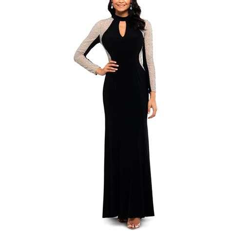 Xscape Womens Black Beaded Illusion Evening Dress Gown Petites 2p Bhfo