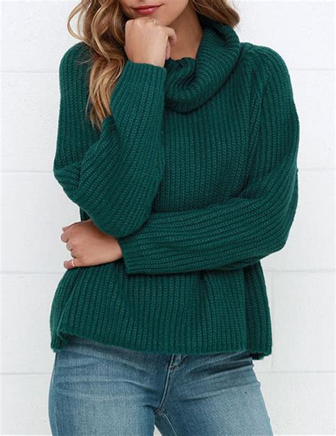 Green Cowl Neck Chunky Ribbed Sweater Sweaters Blue Sweaters Dark Green Sweater Dress