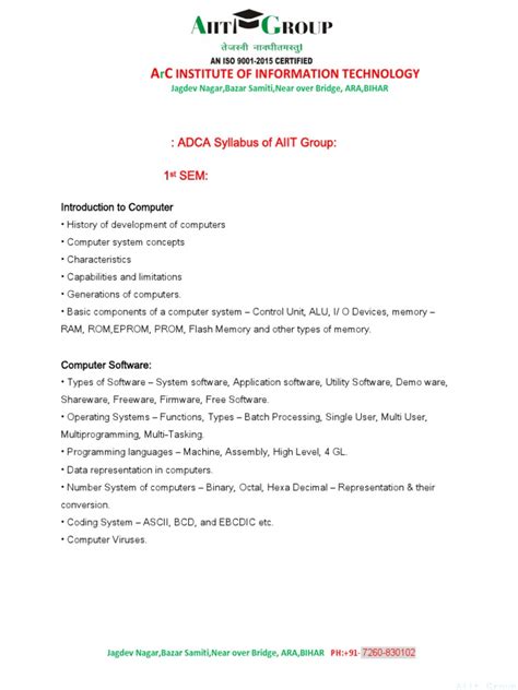 Institute of Information Technology:: ADCA Syllabus of AIIT Group: 1 Sem | PDF | Html | World ...