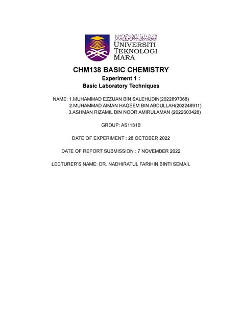 Chm Lab Reposrt Redo Chm Basic Chemistry Experiment Basic